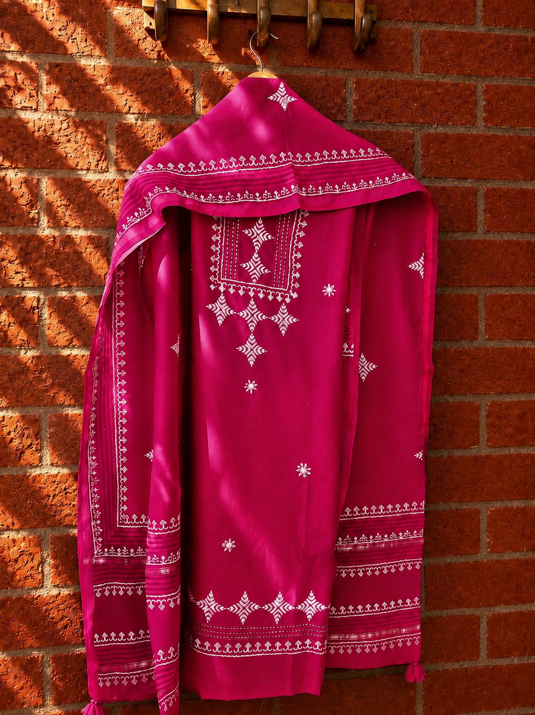 Rani Pink Chanderi Suit Set with hand block printed white motifs and dupatta