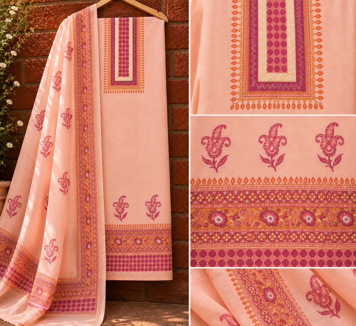 Peach Chanderi Suit Set – Hand Block Printed with Dupatta