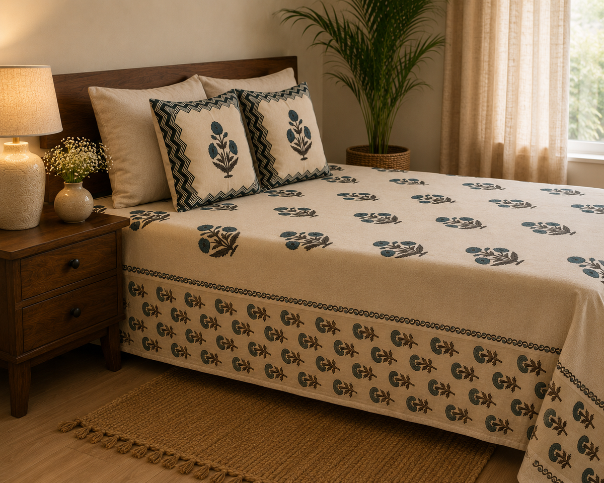 White hand block printed bedsheet with blue floral boota motif - side view