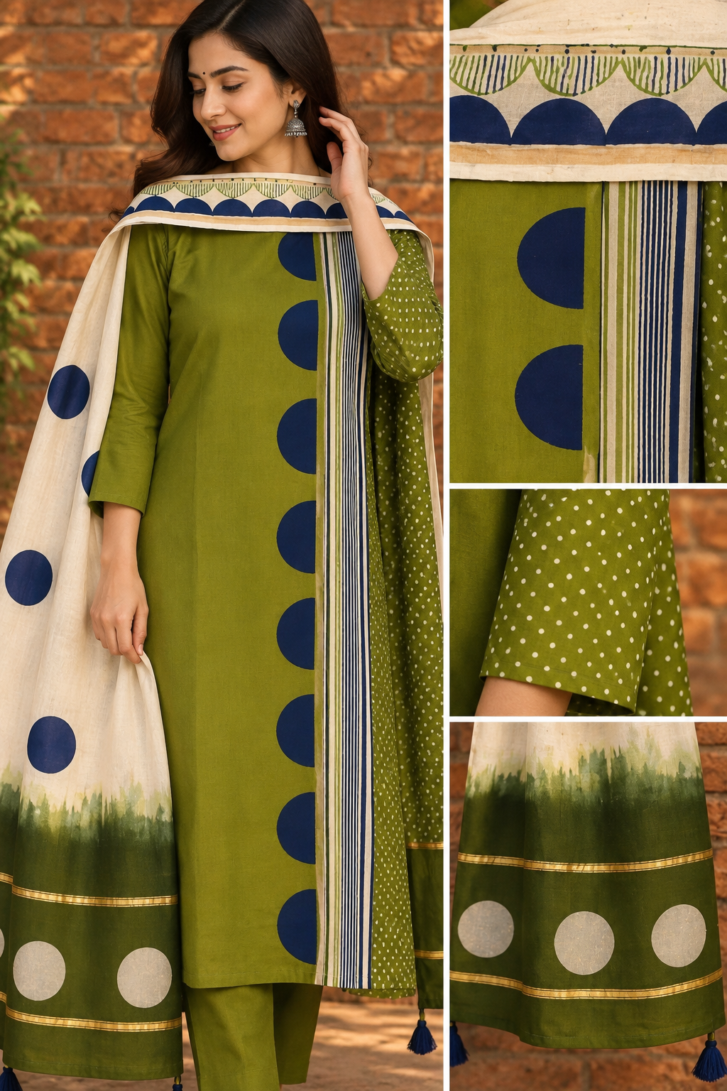 Close-up details of an olive green Pure Chanderi stitched suit with dupatta