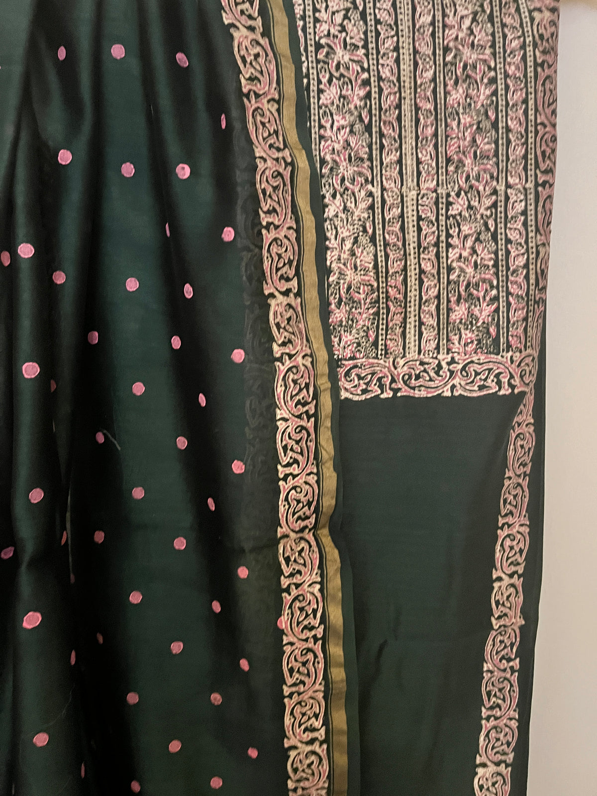 Bottle Green & Pink Unstitched Chanderi Silk Suit Material