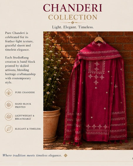 Chanderi Collection – magenta hand block printed suit on hanger
