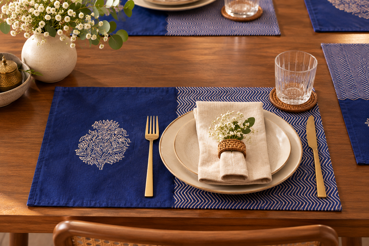 Indigo placemat with a light floral motif and chevron panel, styled on a wooden dining table.