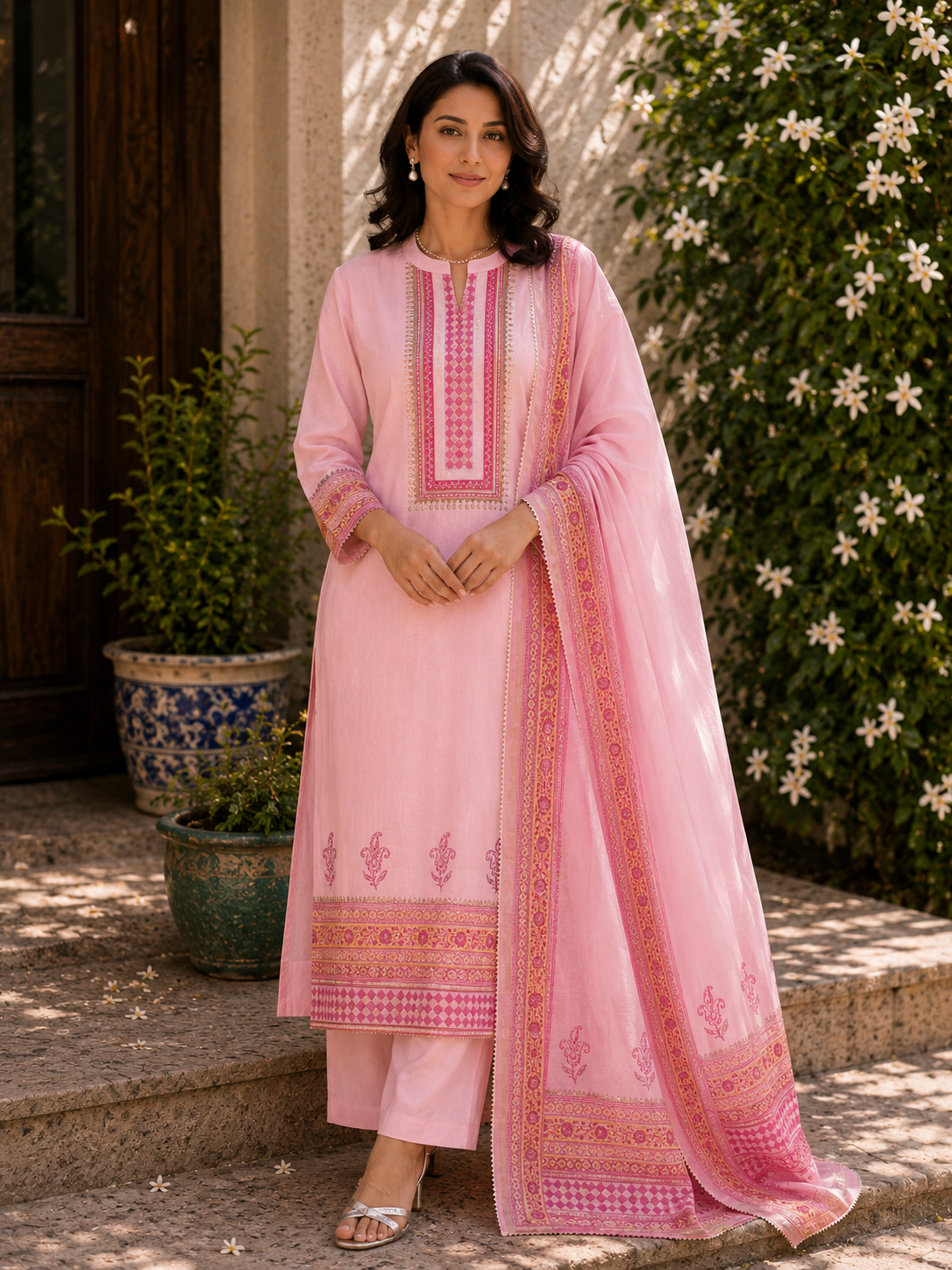 Pink Chanderi Suit Set with Dupatta