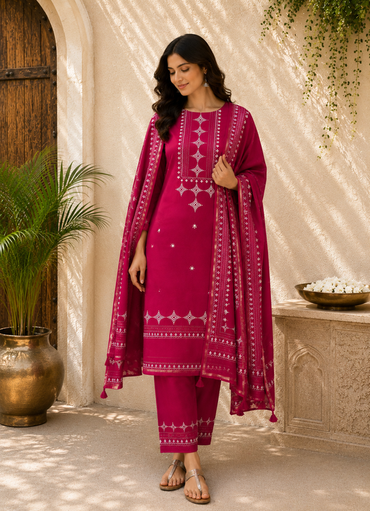 Rani Pink Chanderi Suit Set with Dupatta