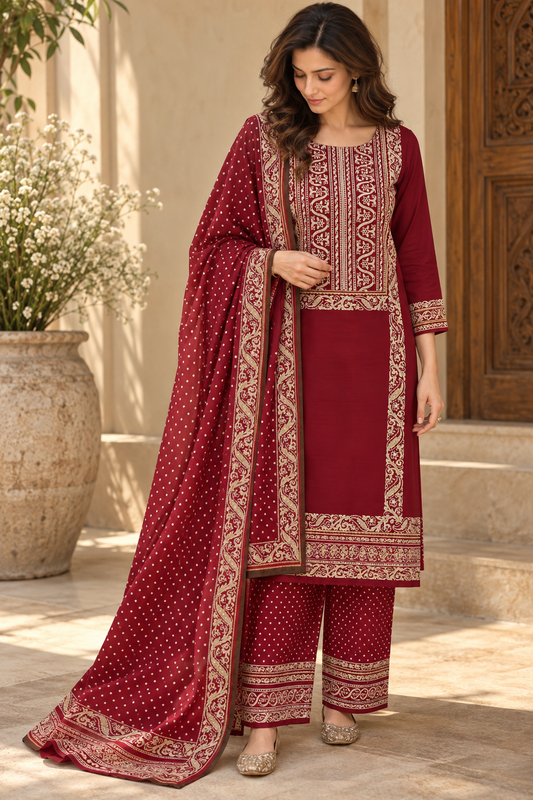 Maroon Floral Motif Suit Set