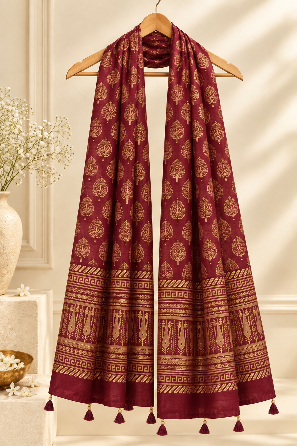 Meher Maroon Chanderi Dupatta – Hand Block Printed