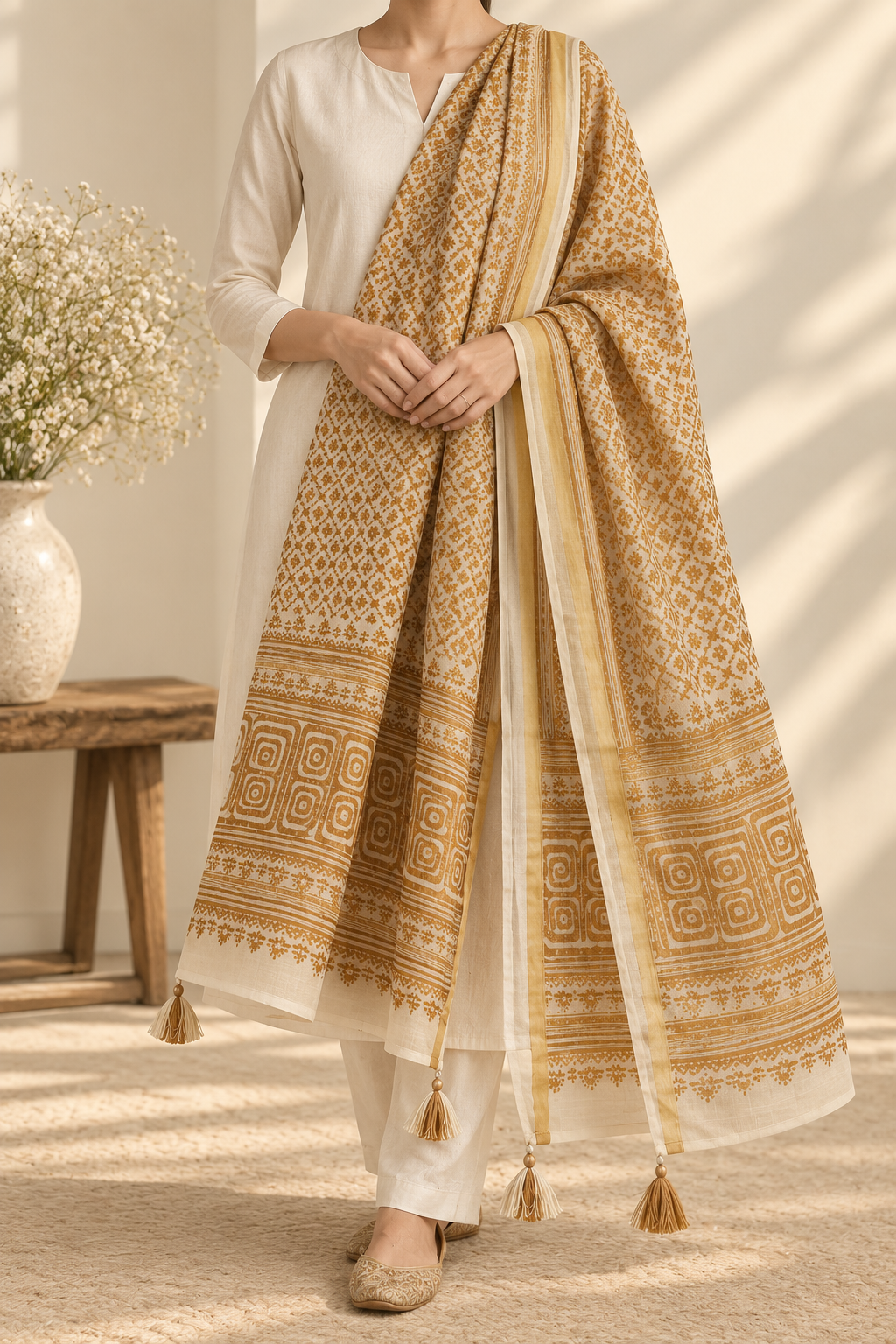 Model wearing an ivory Chanderi dupatta with gold motifs, geometric border and tassels