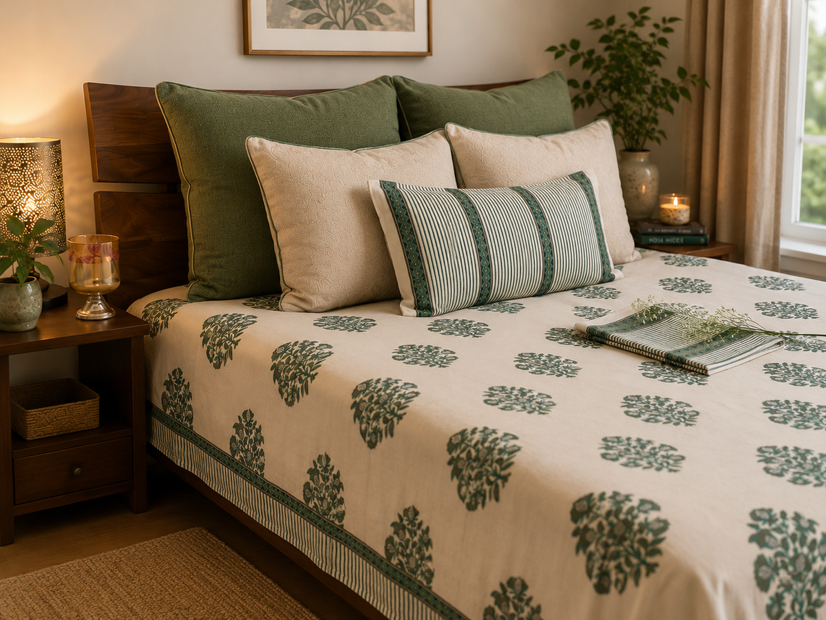 Forest green hand block printed cotton bedcover — side angle with pillow styling