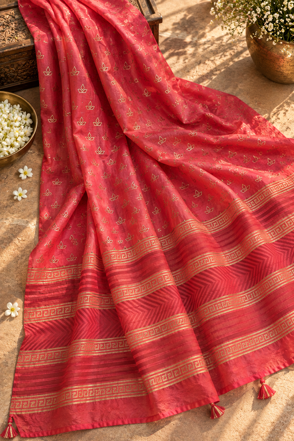 Carrot pink Chanderi dupatta with gold lotus motifs, printed border, and tassel detailing shown draped across a surface
