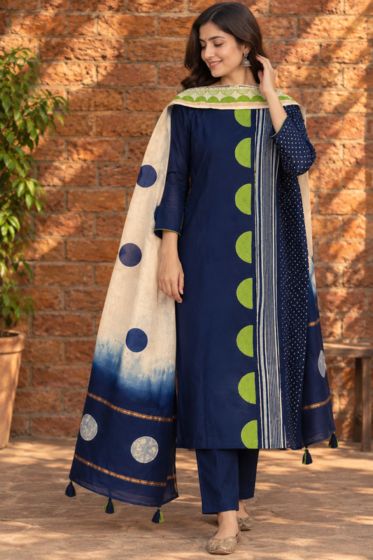 Model wearing a Pure Chanderi stitched suit with dupatta