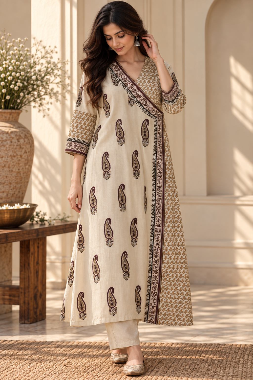 Woman wearing an ivory Hussar silk kurta with brown motifs and border detailing