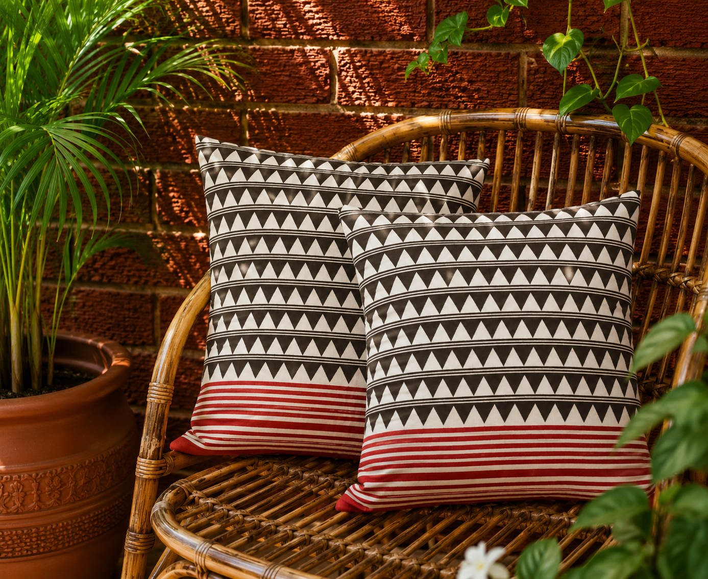 Black Triangle and Red Stripe Hand Block Printed Cushion Cover set of 2 - Studio Rang