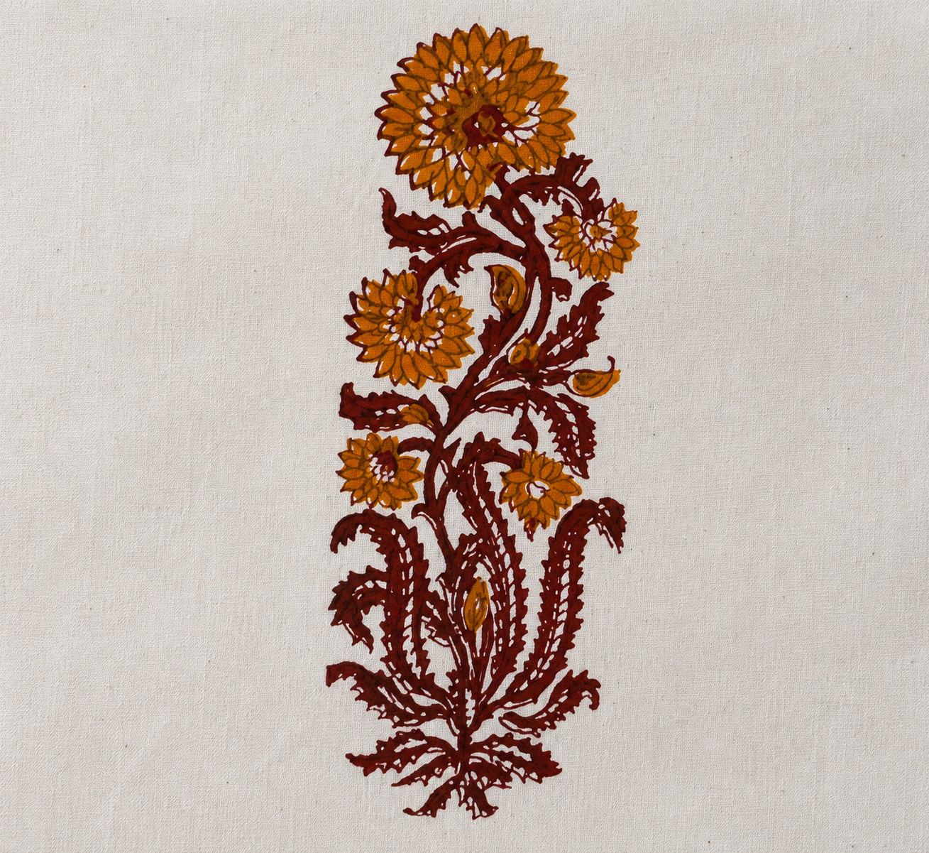 Close up of floral hand block print motif on ivory cotton cushion cover