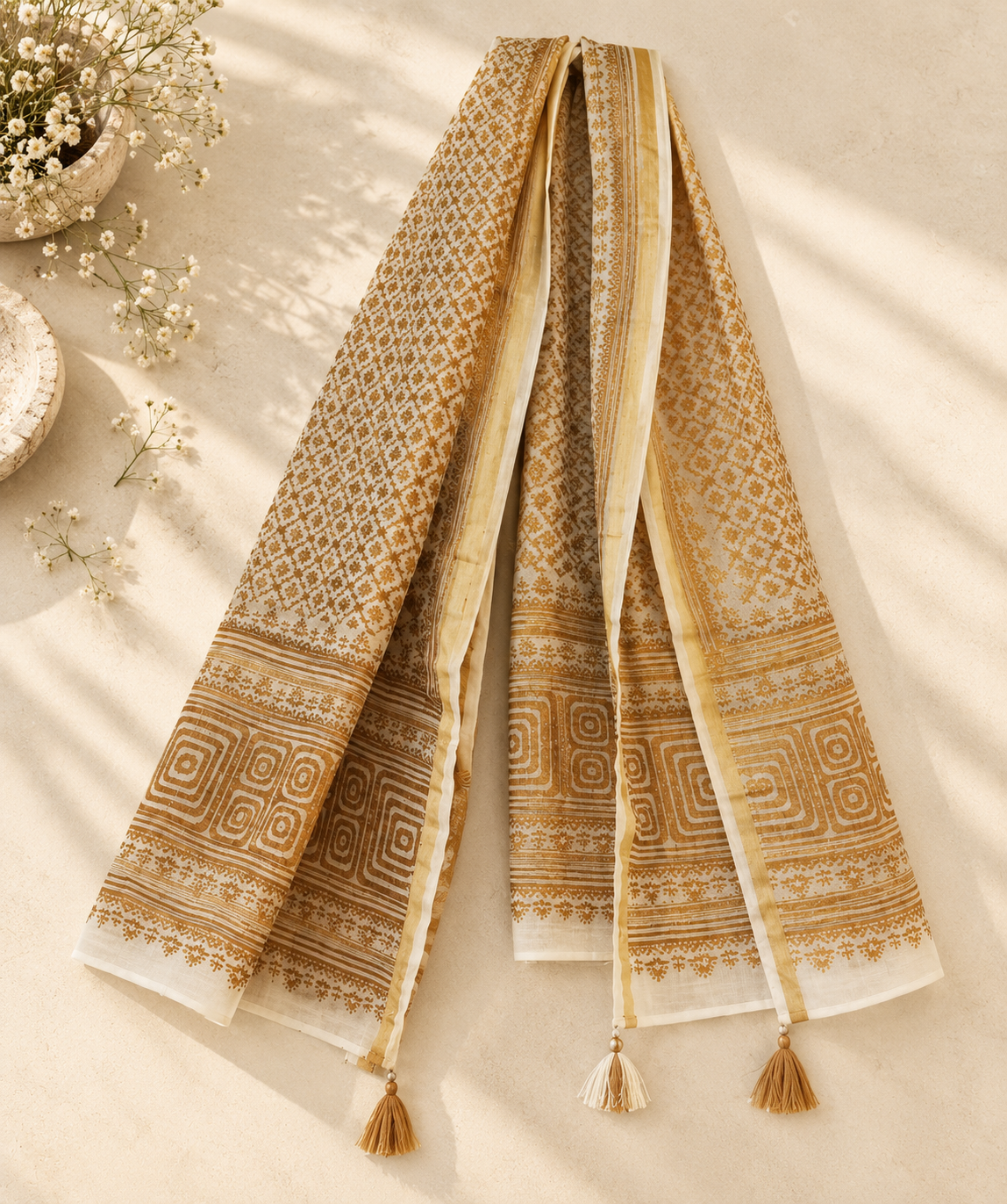 Full view of ivory and gold Chanderi dupatta showing patterned border and corner tassels