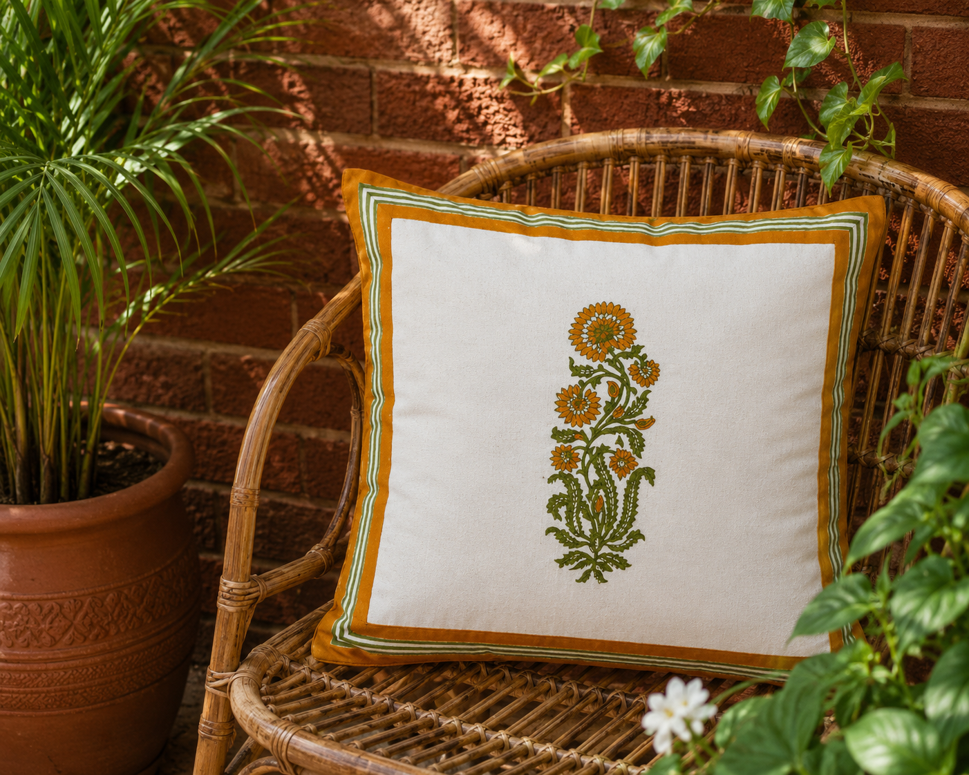Mustard and Green Floral Hand Block Printed Cushion Cover - Studio Rang