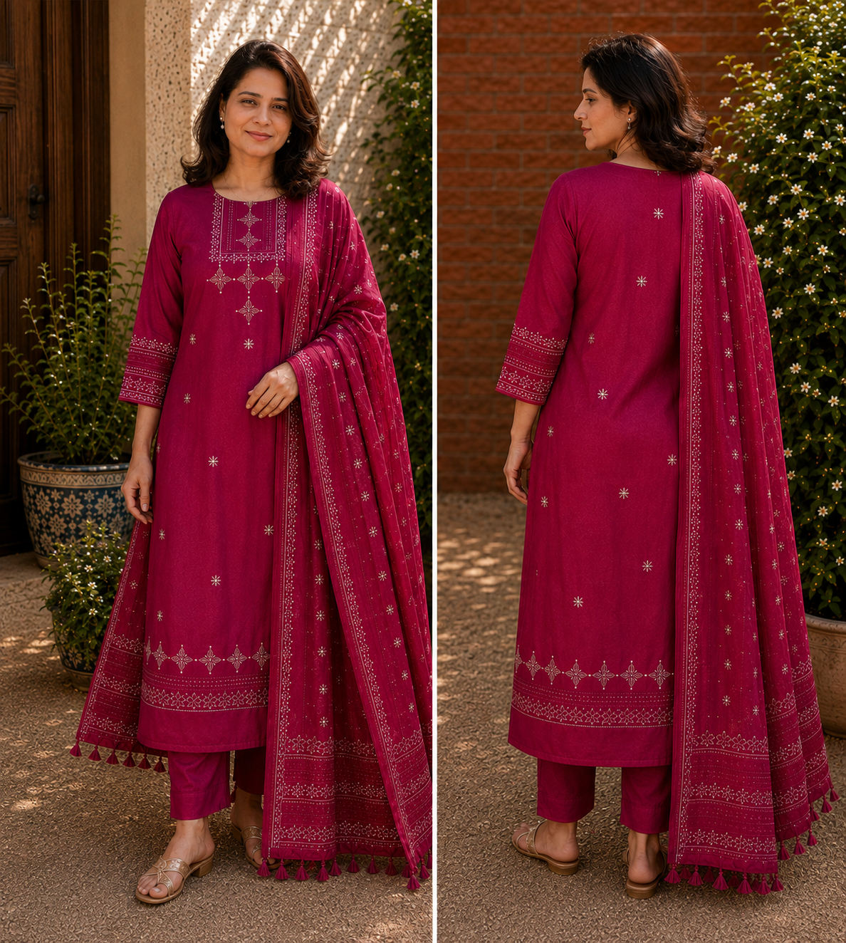 Model wearing magenta hand block printed pure Chanderi suit with dupatta, front and back view - Studio Rang