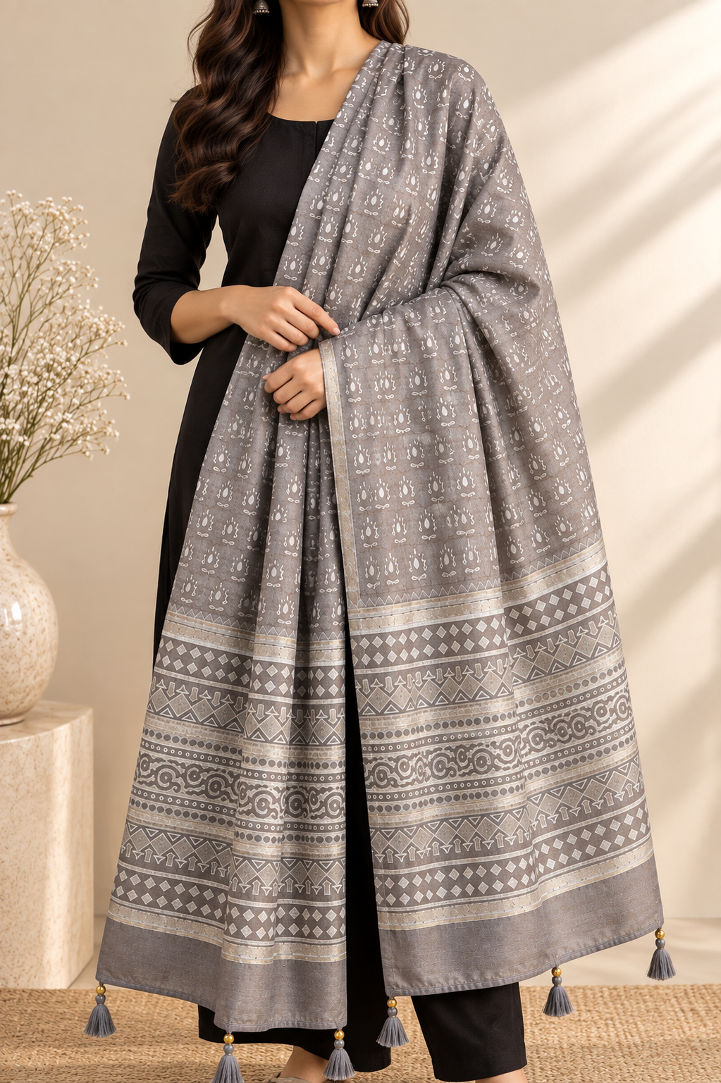 Chaand Grey Chanderi Dupatta – Hand Block Printed