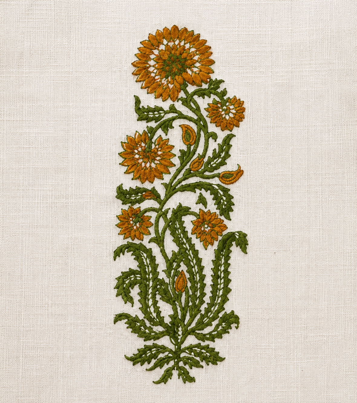 Close up of mustard and green floral hand block print motif on ivory cotton cushion cover