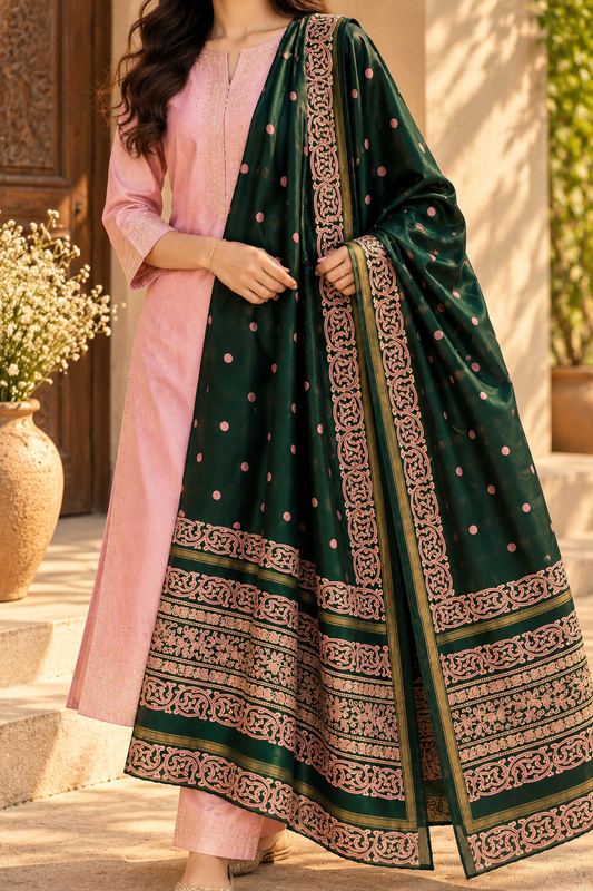Bottle Green Dupatta with Pink & Gold-Toned Border