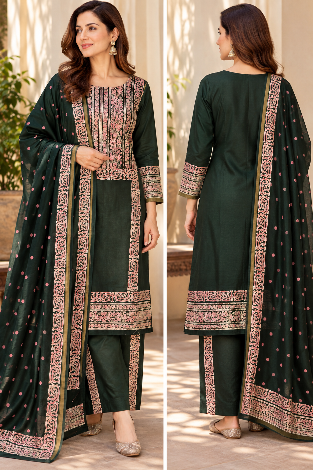 Bottle Green & Pink Unstitched Chanderi Silk Suit Material