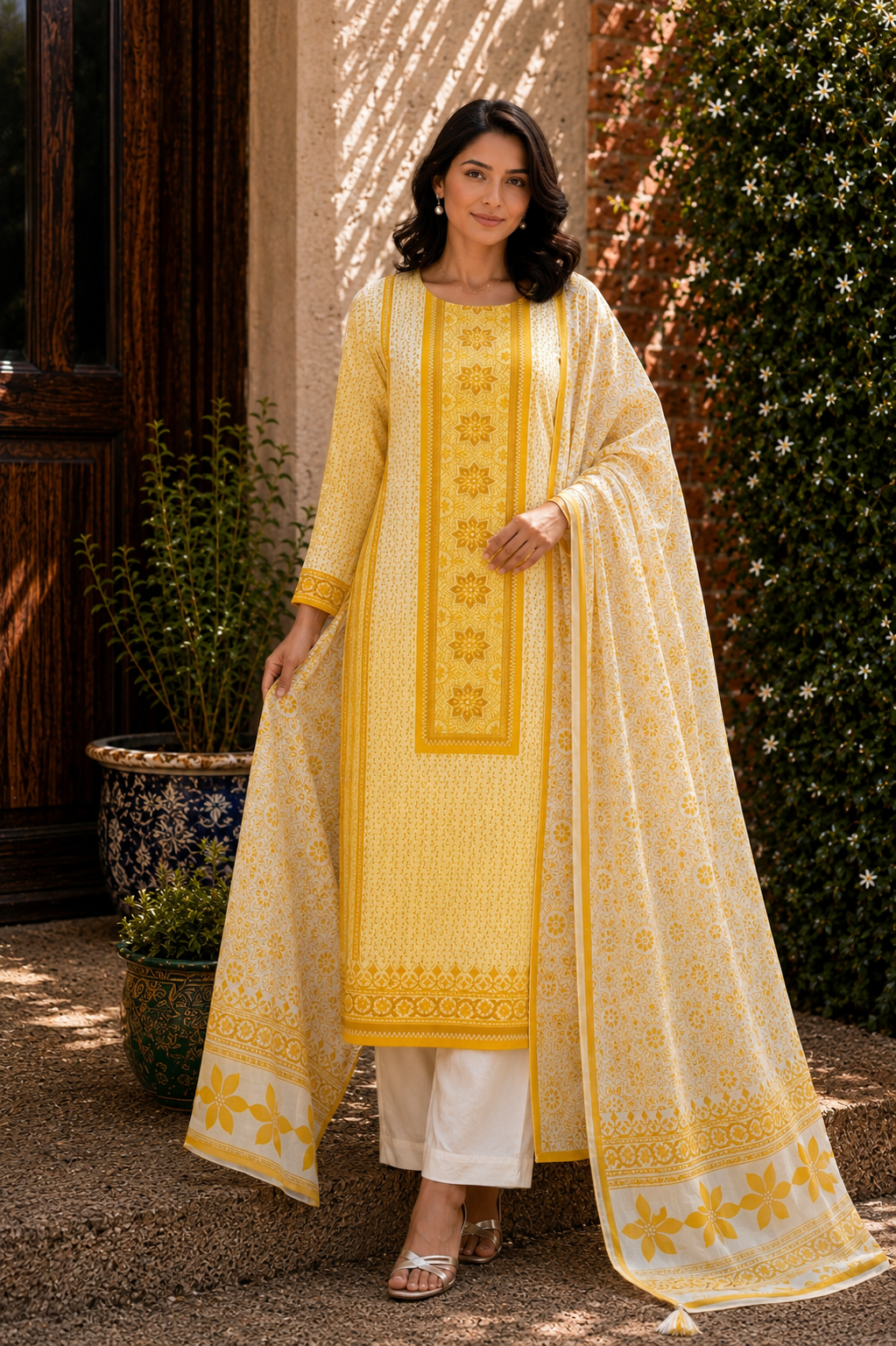 Pure Chanderi Suit with Chanderi Dupatta - model wearing yellow floral print suit