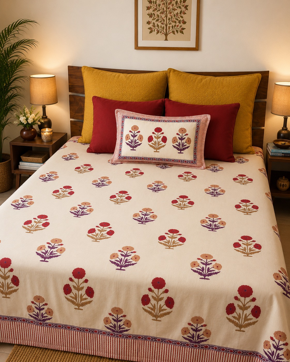 Red Floral Hand Block Printed Bedsheet Set