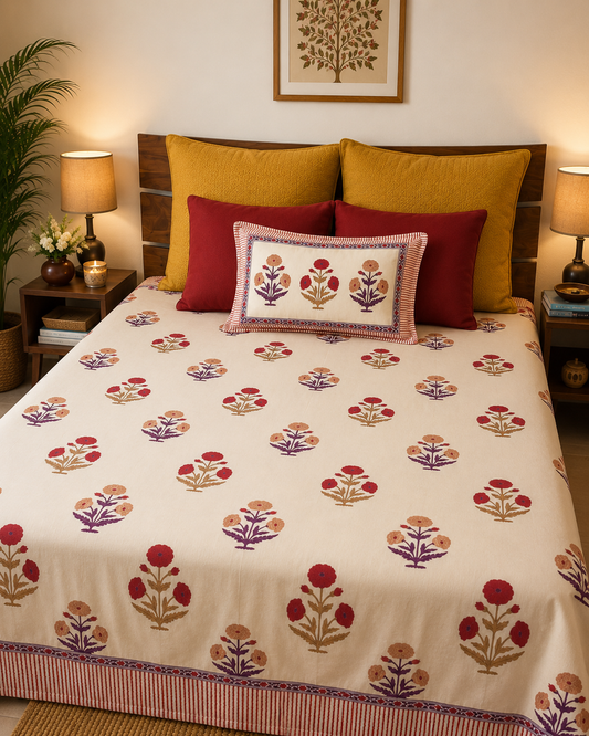 Red Floral Hand Block Printed Bedsheet Set