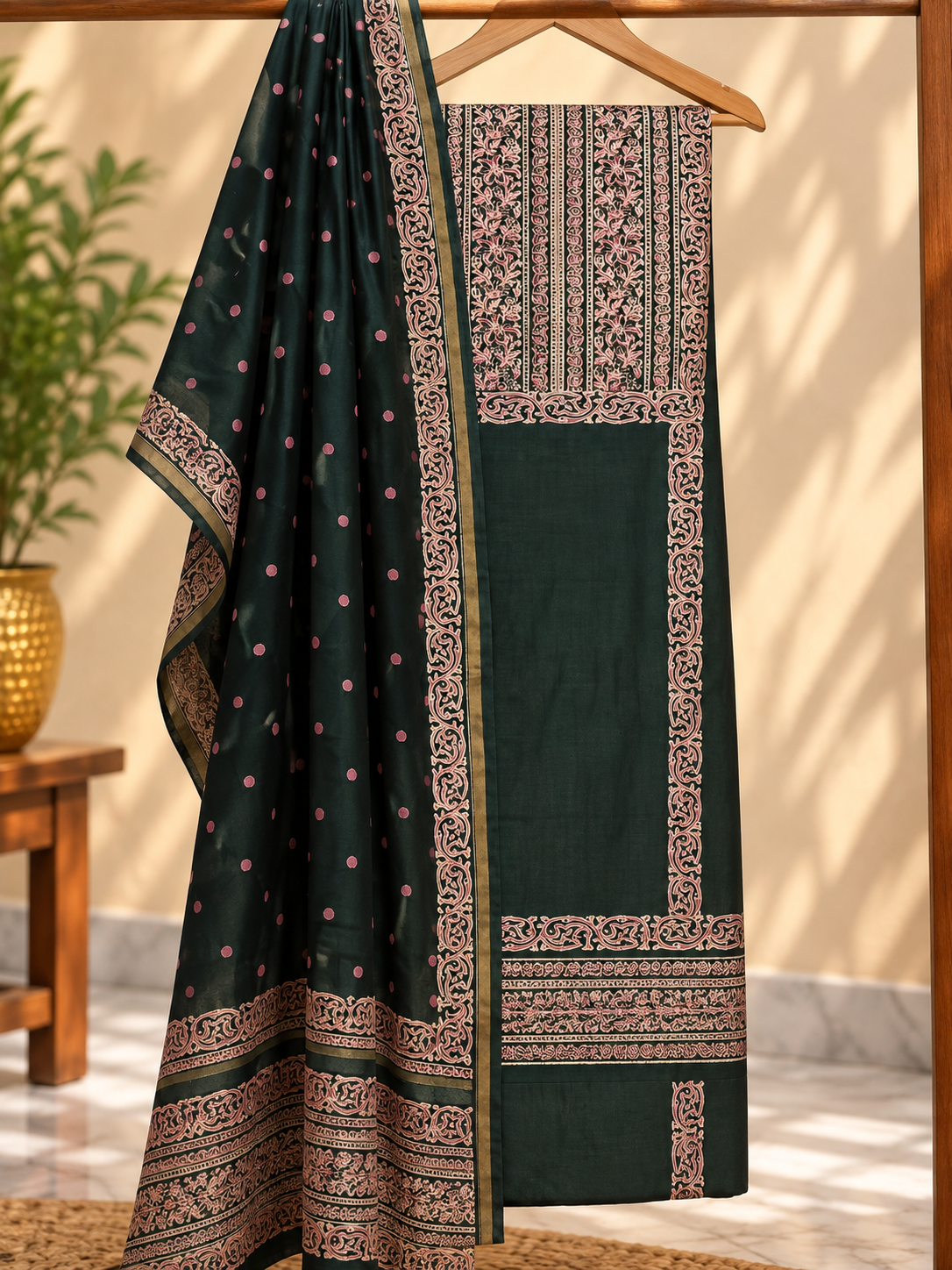Bottle Green & Pink Unstitched Chanderi Silk Suit Material
