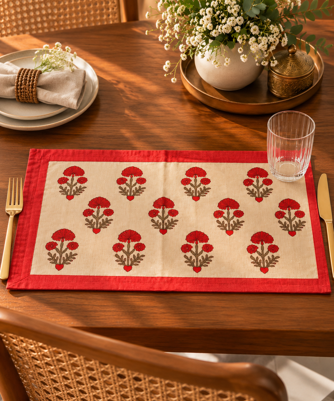Red Floral Dupion Silk Placemats