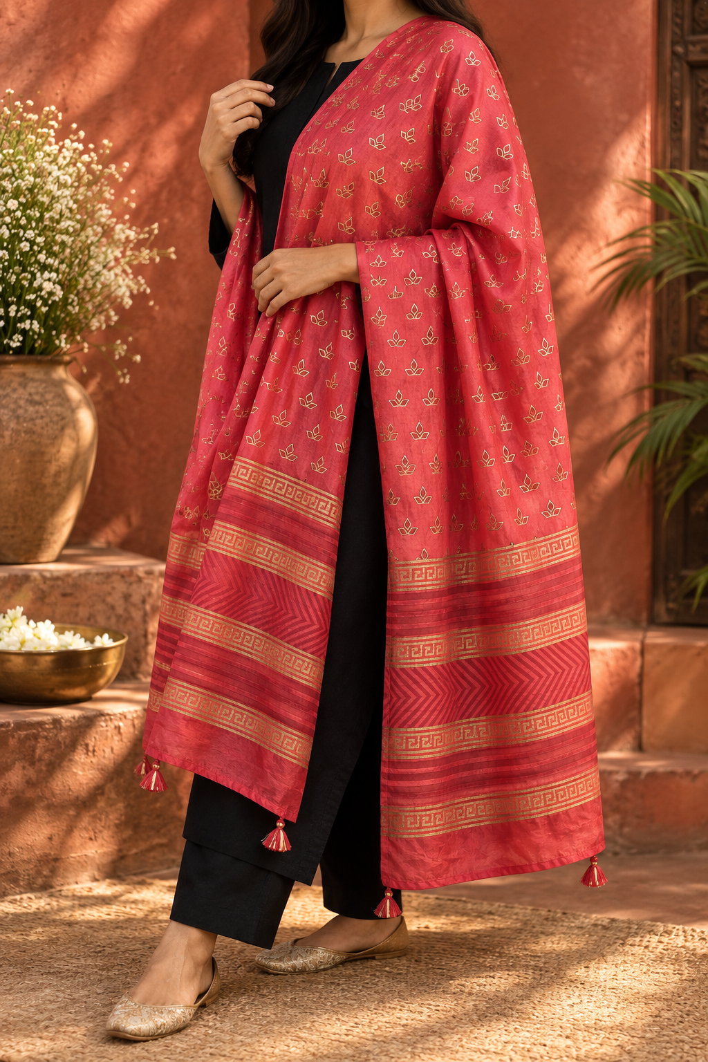 Pink Chanderi dupatta with gold hand block printed lotus motifs and tassels styled with a black outfit