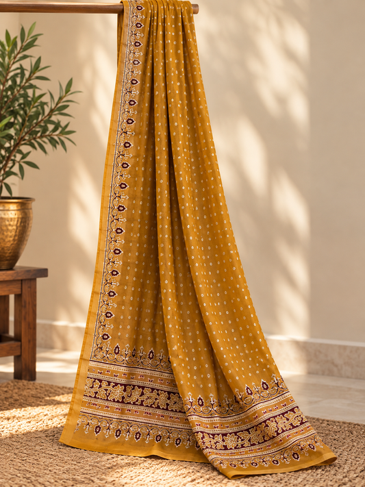 Mustard Chanderi dupatta with small motifs and maroon and ivory floral borders draped over a rail