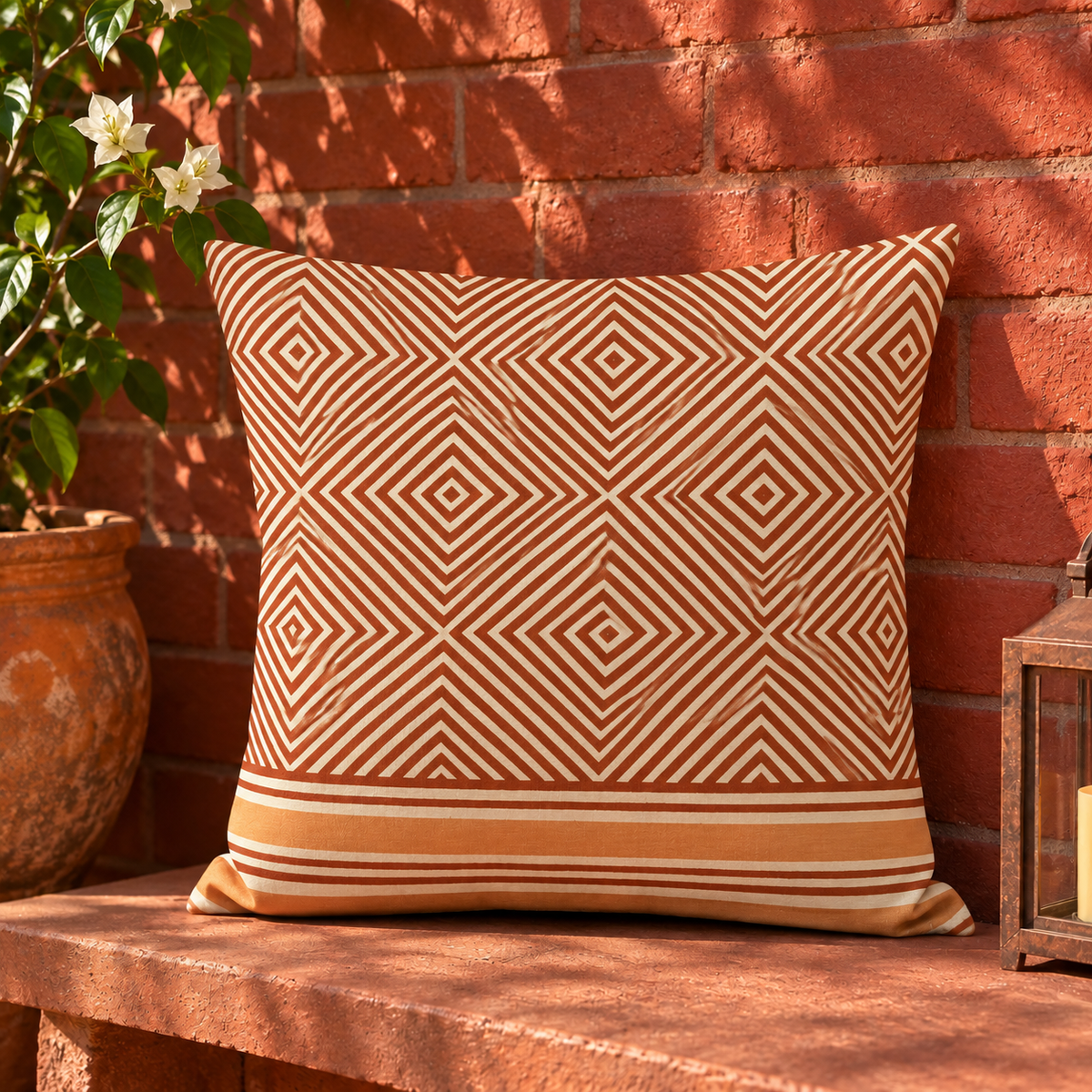 Rust and mustard pure cotton cushion cover with geometric hand block print