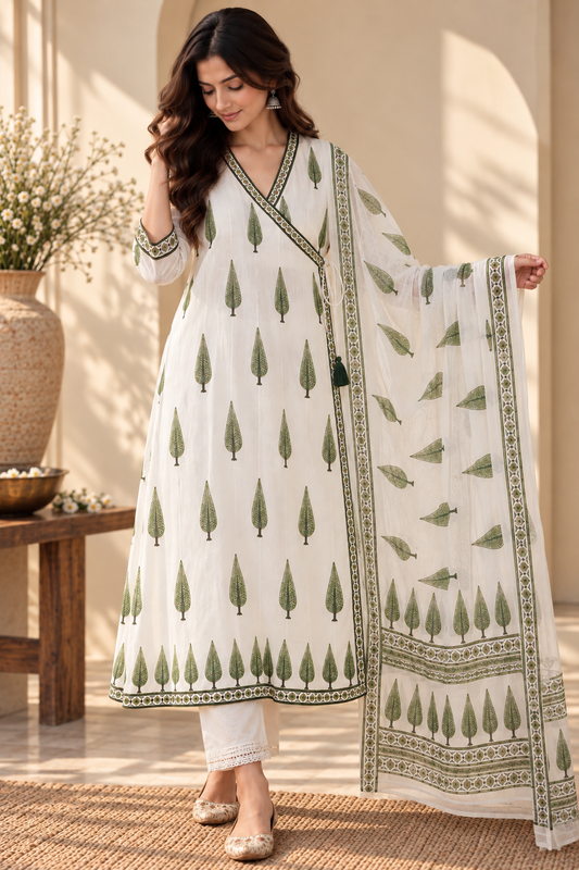 Woman wearing an ivory and olive Angrakha kurta with coordinating Kota dupatta