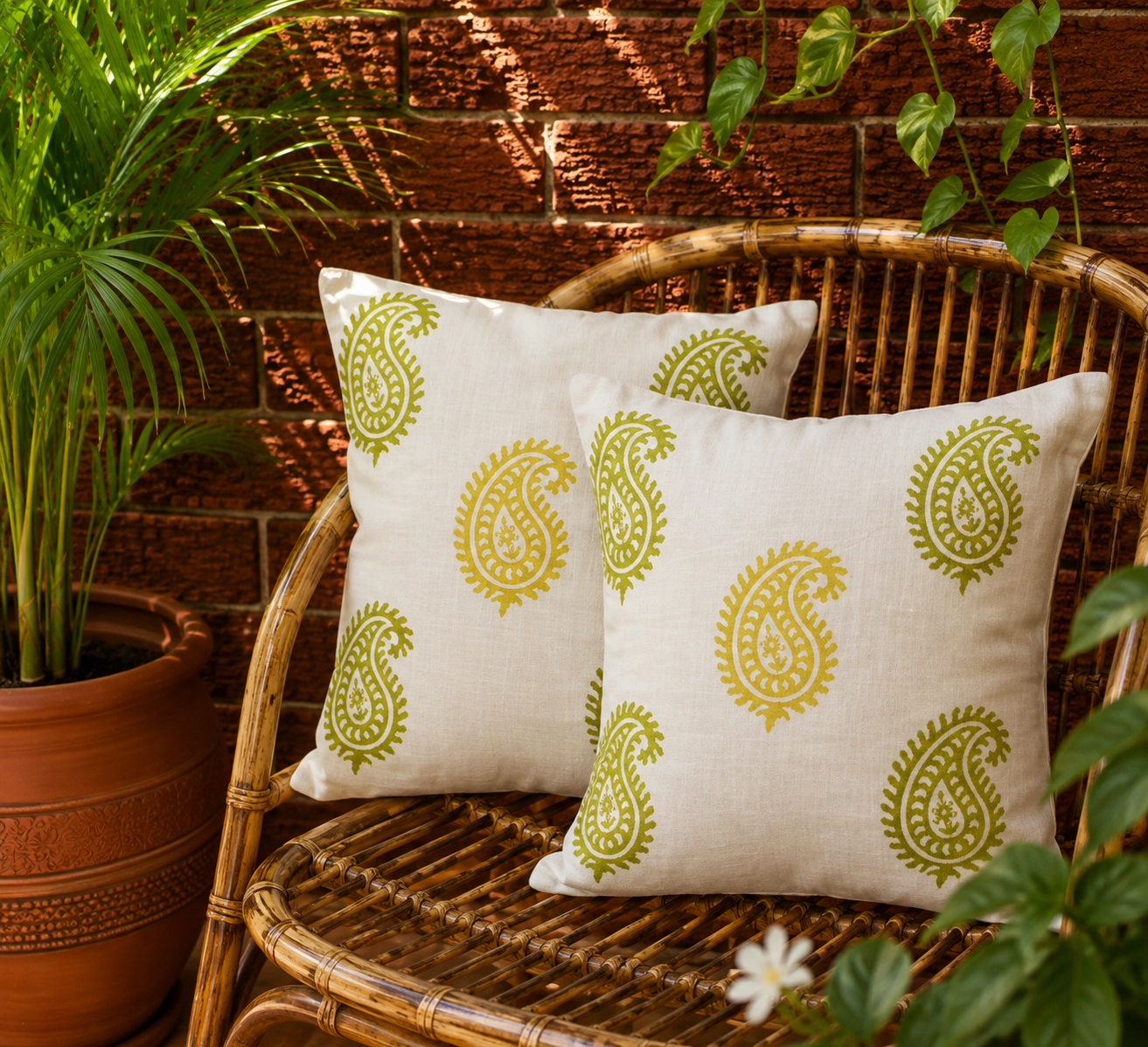 Green Paisley Hand Block Printed Cushion Cover set of 2 - Studio Rang