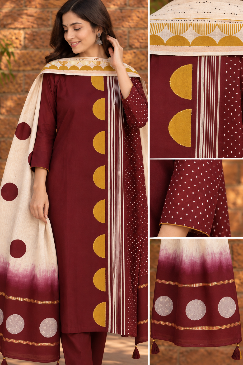 Close-up details of a burgundy Pure Chanderi stitched suit with dupatta