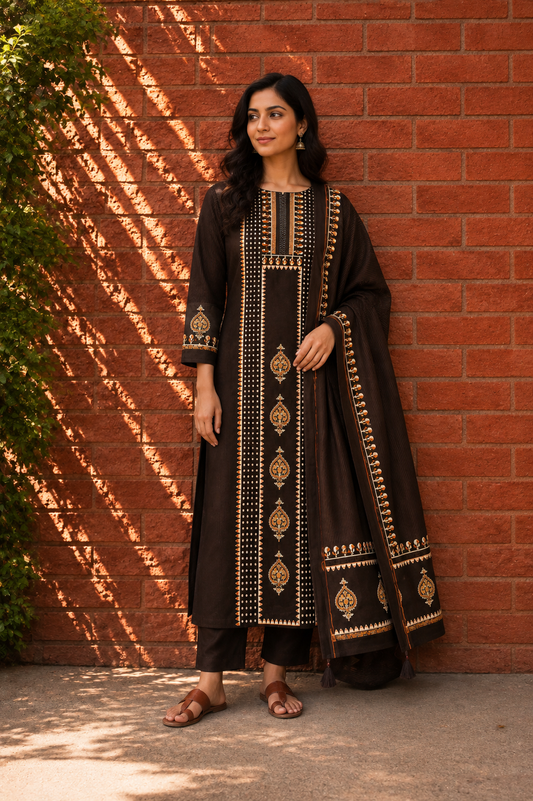 Chocolate Brown Chanderi Suit Set – Hand Block Printed with Dupatta