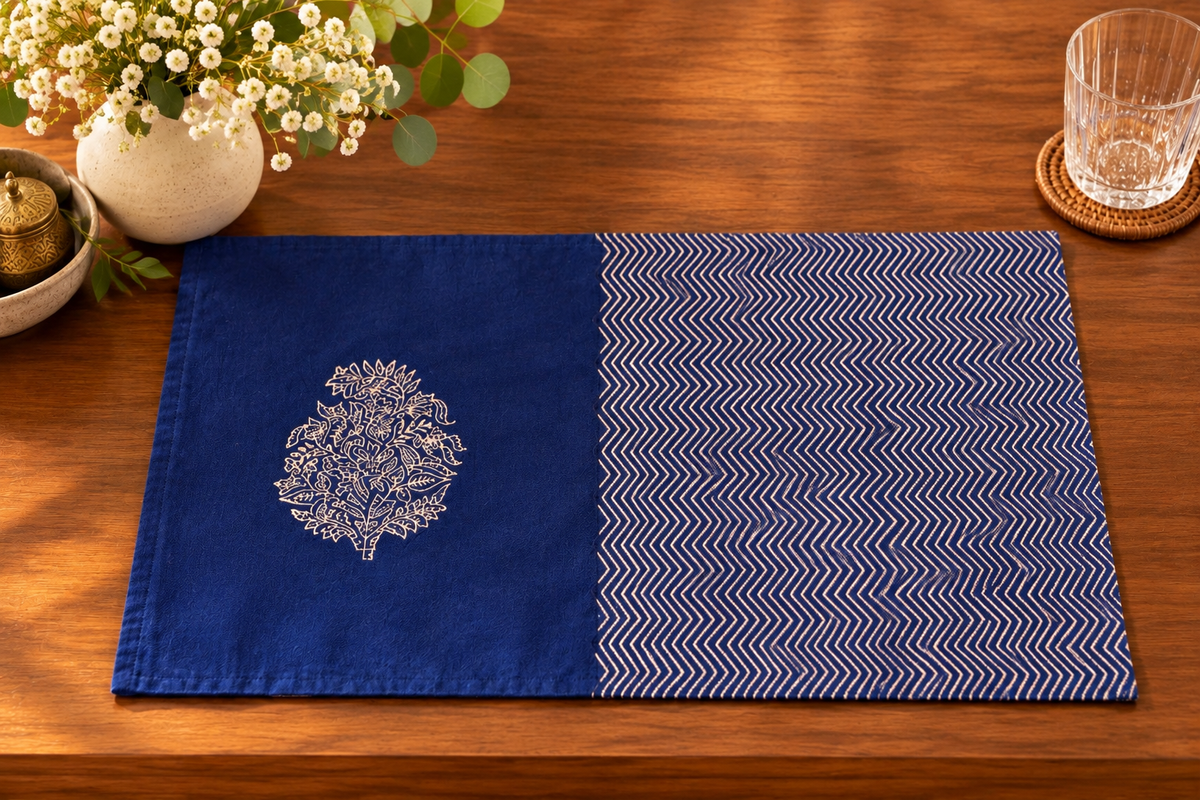 Indigo Floral & Chevron Dupion Silk Placemats, Set of 6
