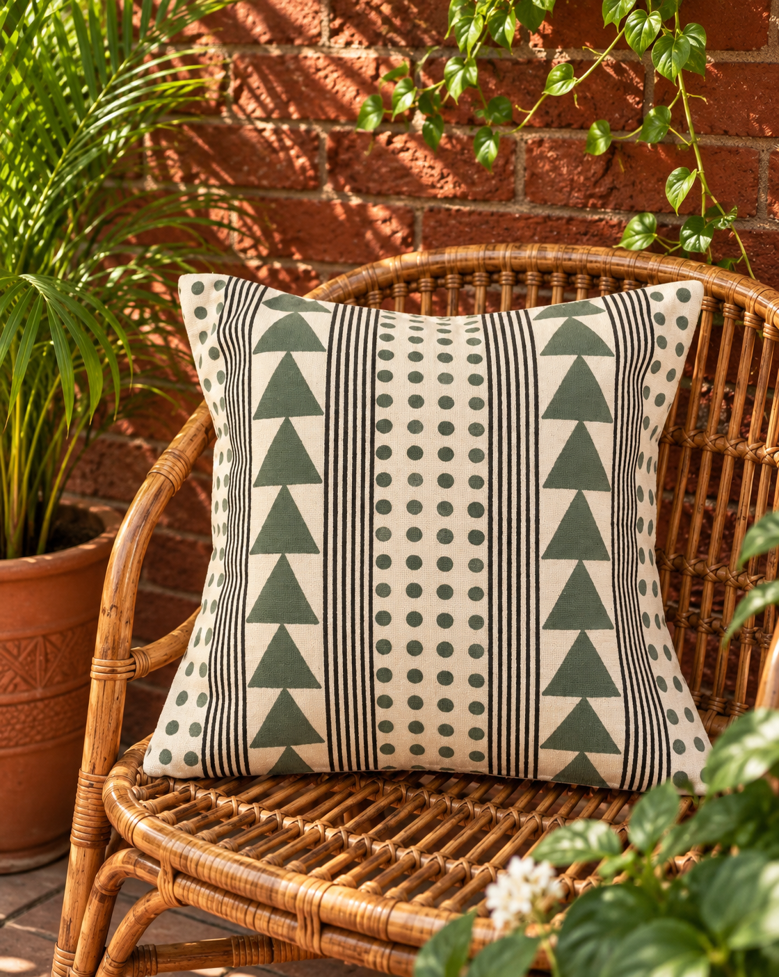 12 × 12 inch hand block printed cotton cushion cover with olive geometric design