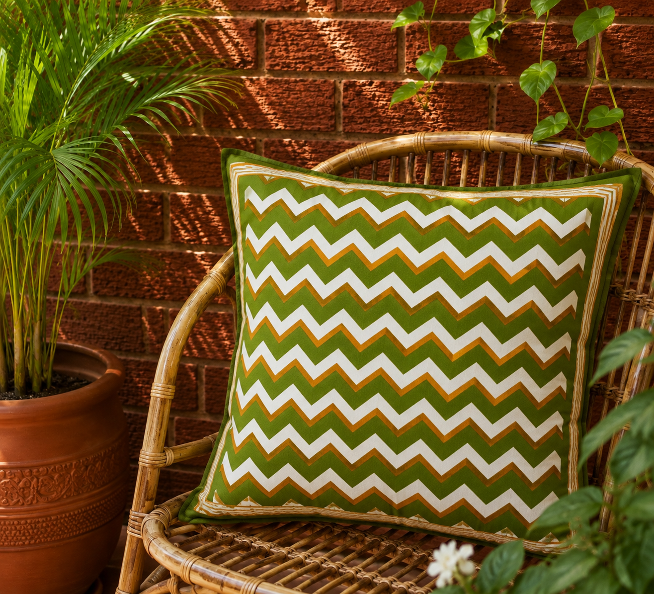 Green Chevron Hand Block Printed Cushion Cover - Studio Rang