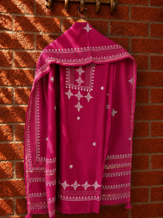 Magenta Geometric Hand Block Printed Pure Chanderi Suit with Dupatta - Studio Rang