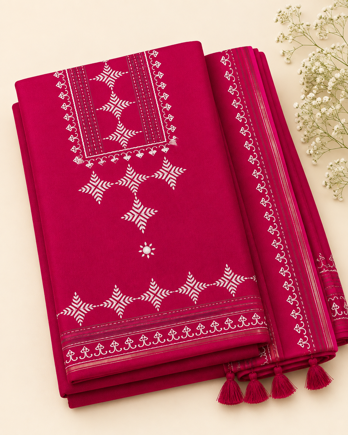 Magenta hand block printed pure Chanderi suit and dupatta flat lay - Studio Rang