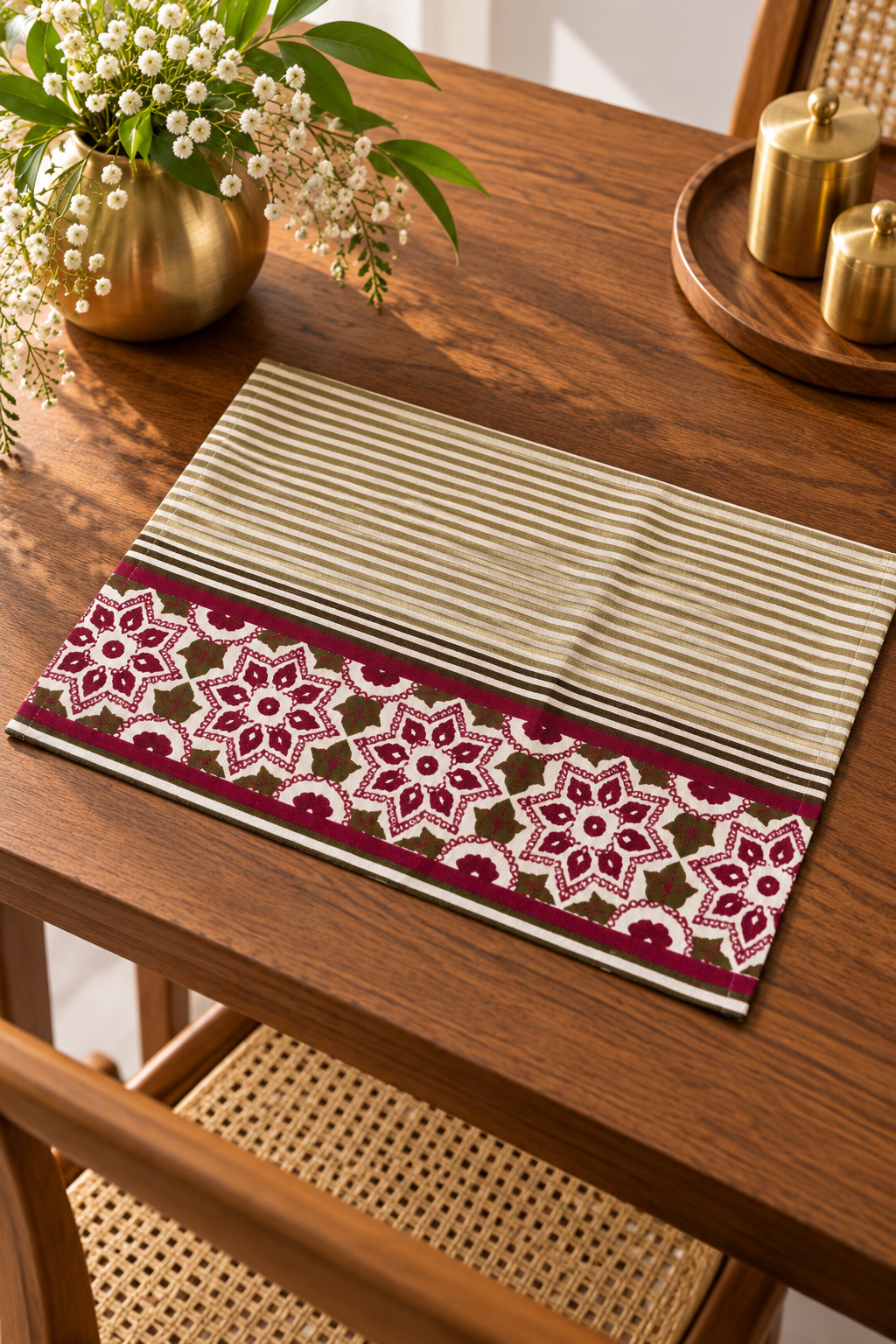 Angled view of rectangular maroon floral and olive stripe placemat