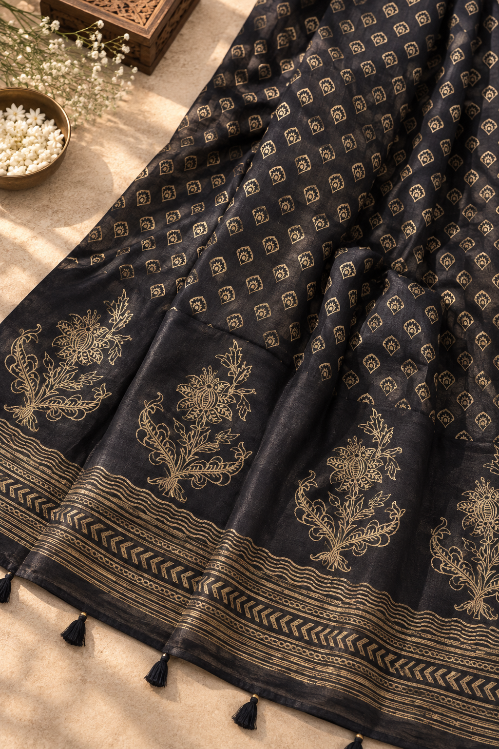 Noor Black Chanderi Dupatta – Hand Block Printed
