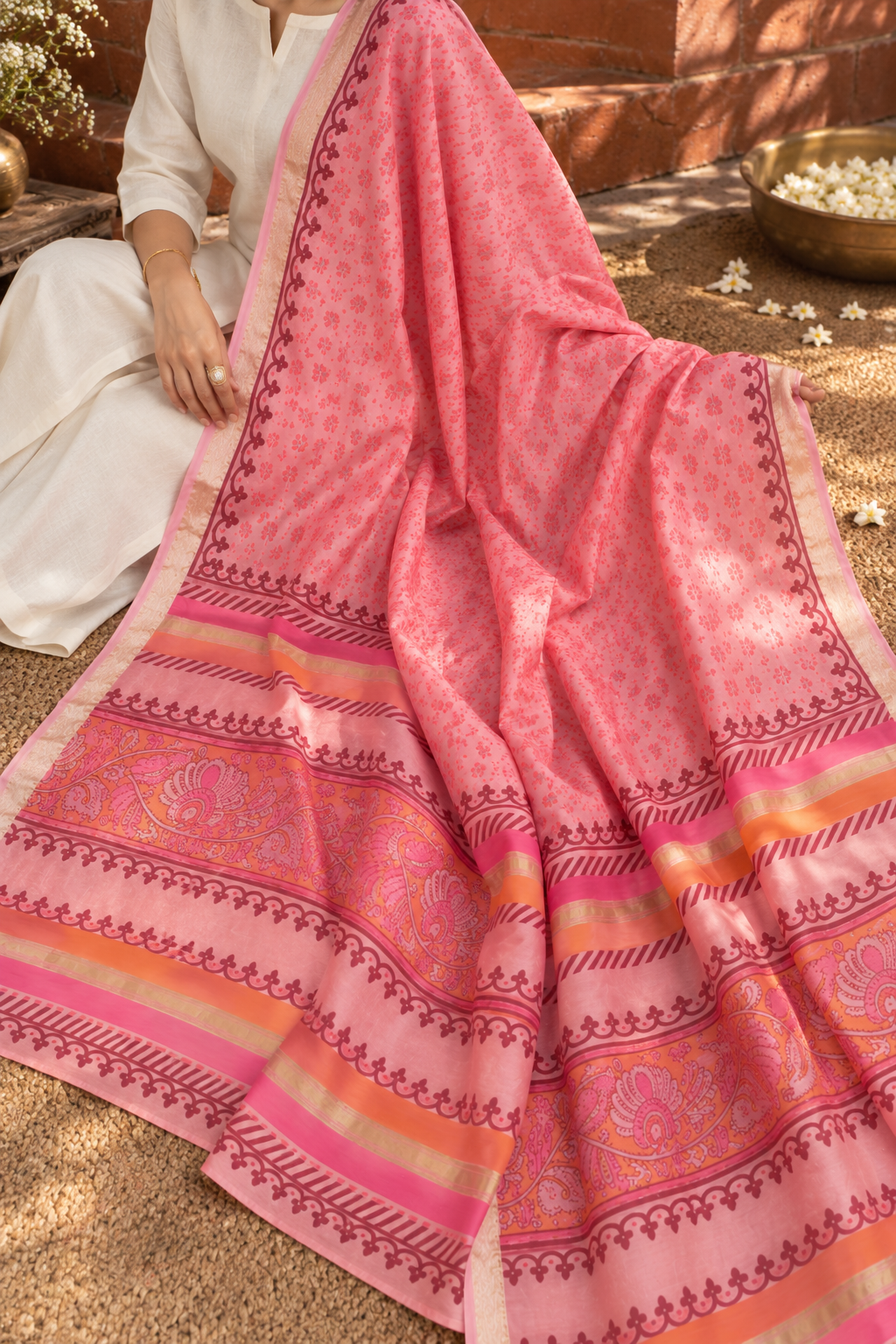 Close view of pale pink Pure Chanderi dupatta showing the printed border and decorative motifs