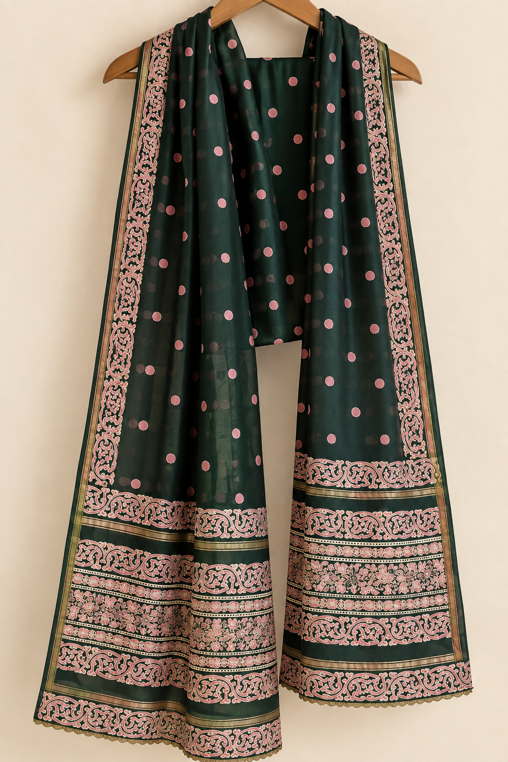 Bottle Green & Pink Unstitched Chanderi Silk Suit Material