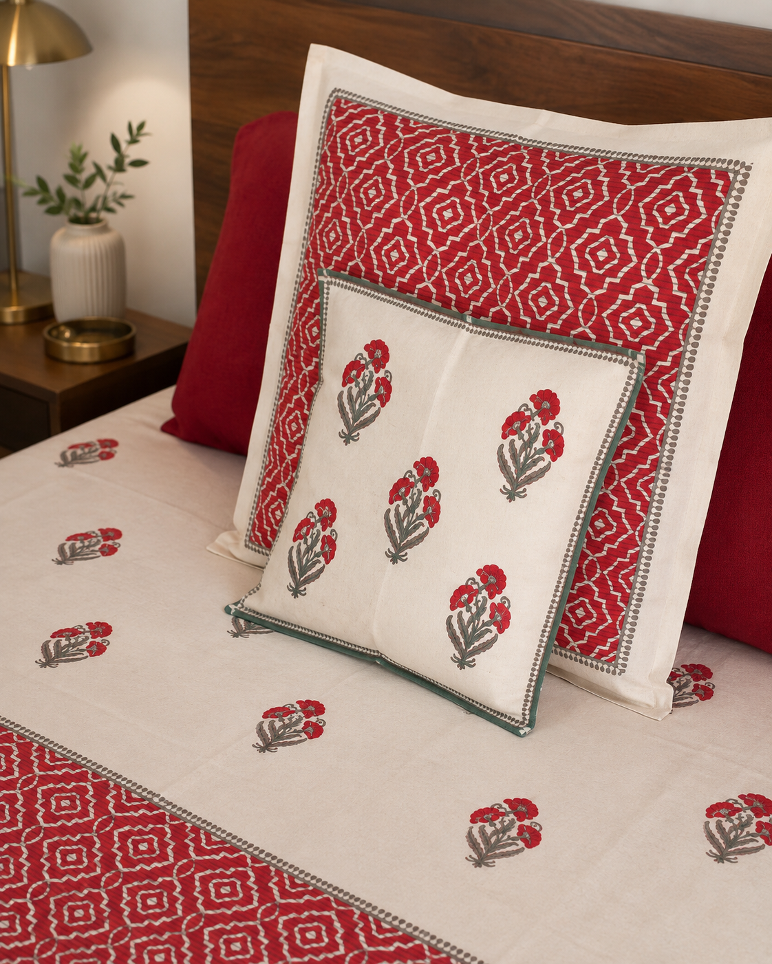 Hand block printed cushion covers - 21x21 inch red geometric and 16x16 inch floral boota on white
