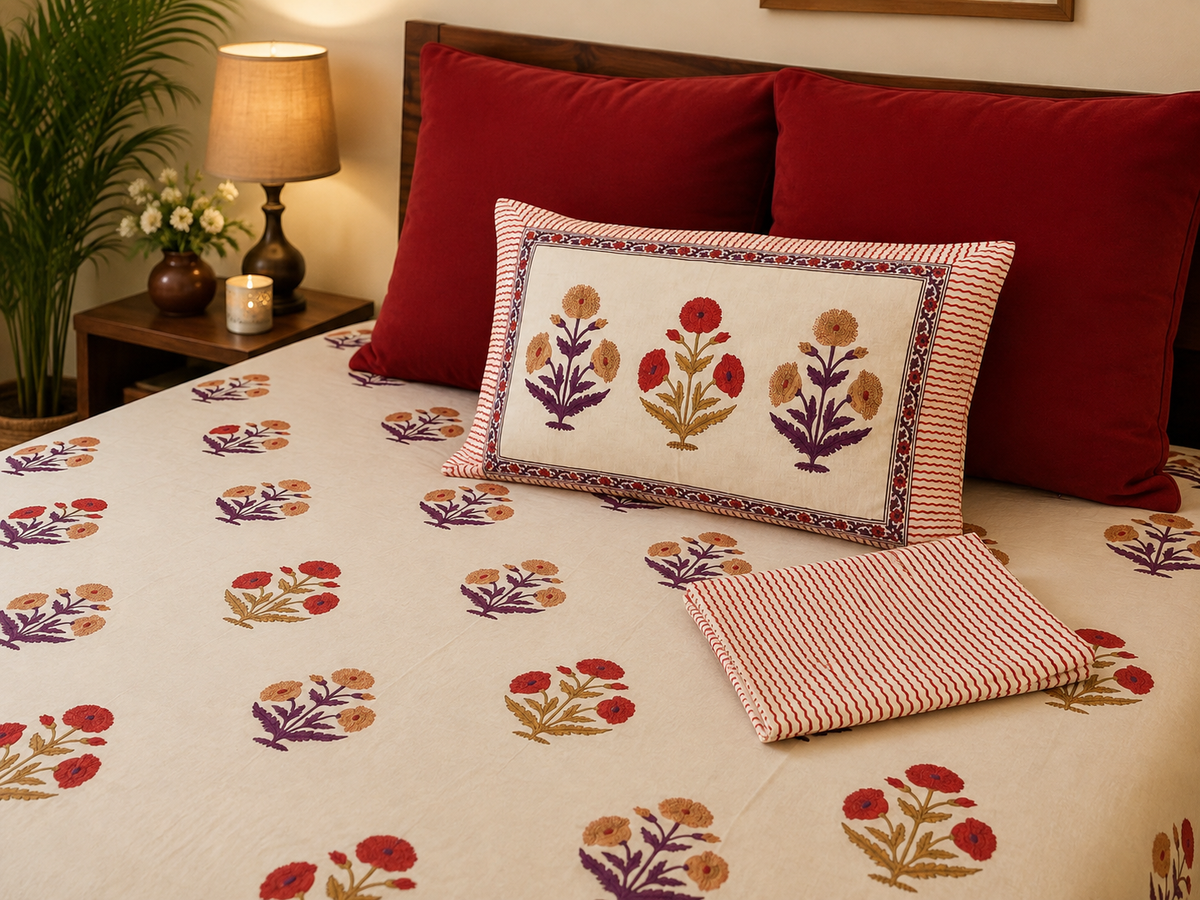 Red Floral Hand Block Printed Bedsheet Set - detail view