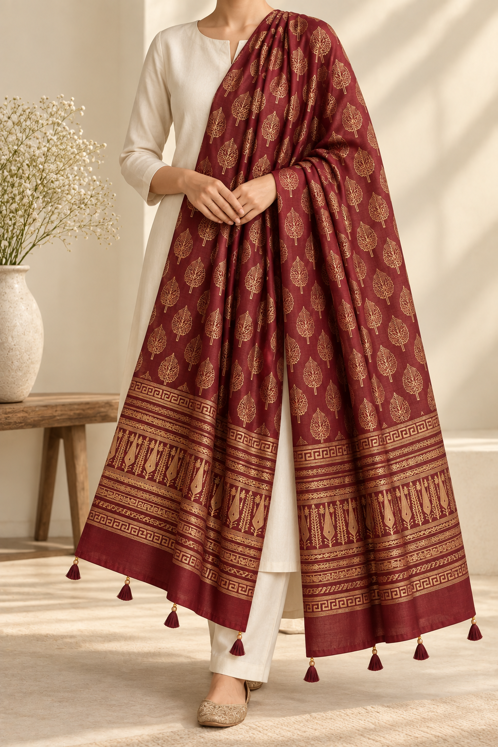 Meher Maroon Chanderi Dupatta – Hand Block Printed