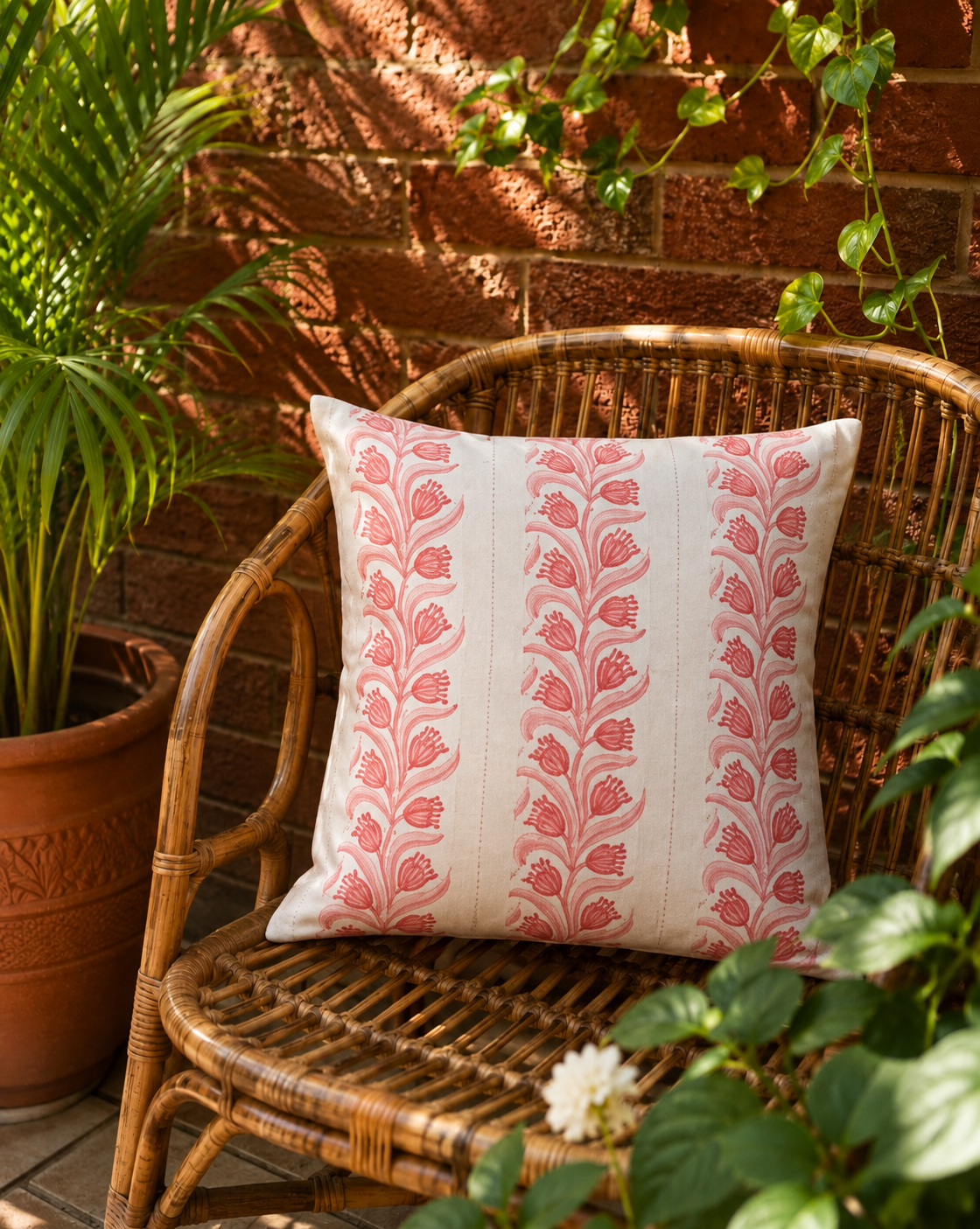 Pure cotton cushion cover with pink hand block print and embroidery